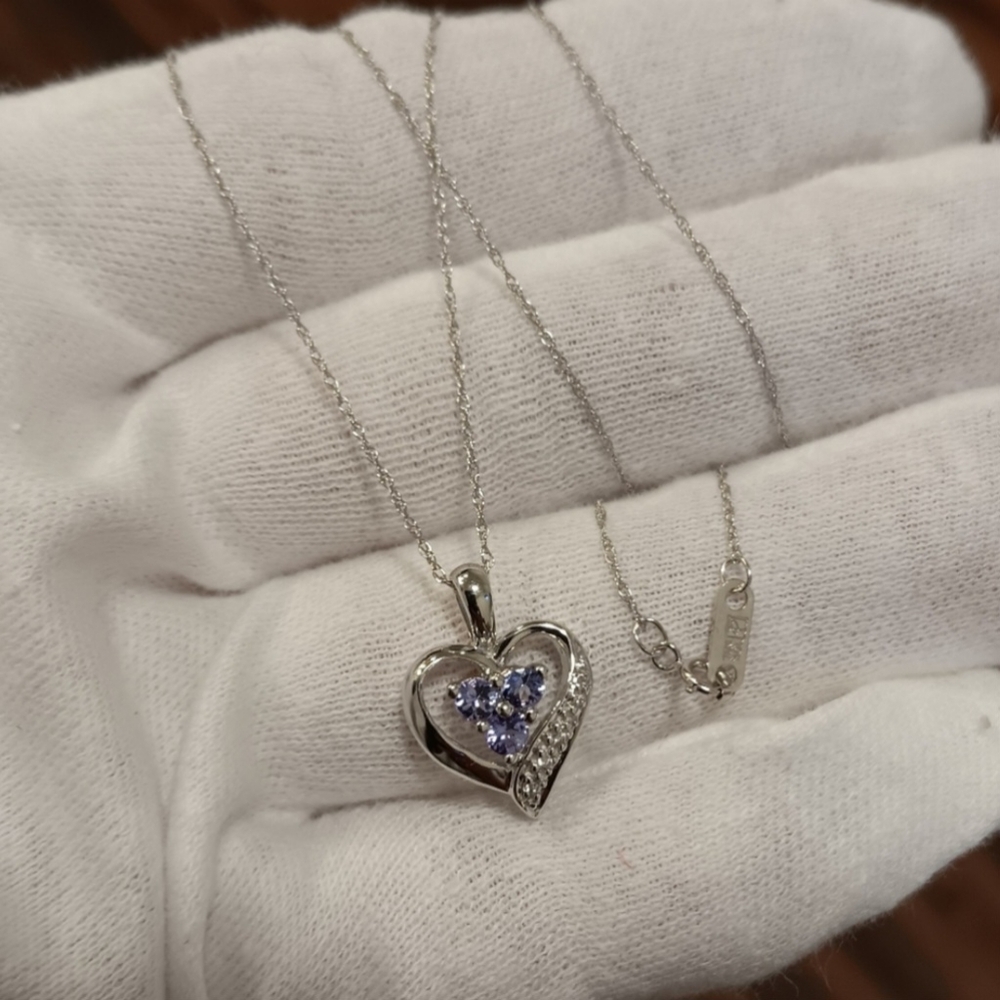 10k White Gold Necklace Heart Tanzanite & CZ Solid real 10kt